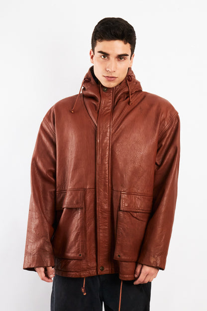 2000 Vintage Leather Caramel Hooded Coat (M/L)