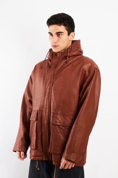 2000 Vintage Leather Caramel Hooded Coat (M/L)