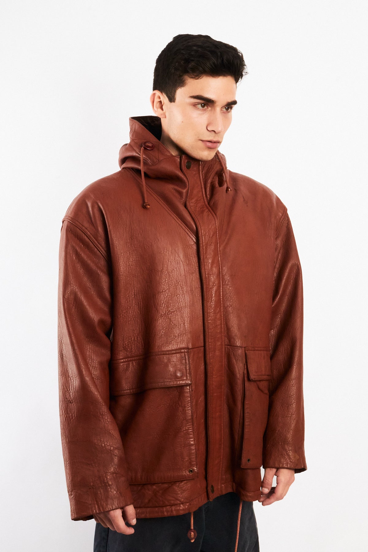 2000 Vintage Leather Caramel Hooded Coat (M/L)