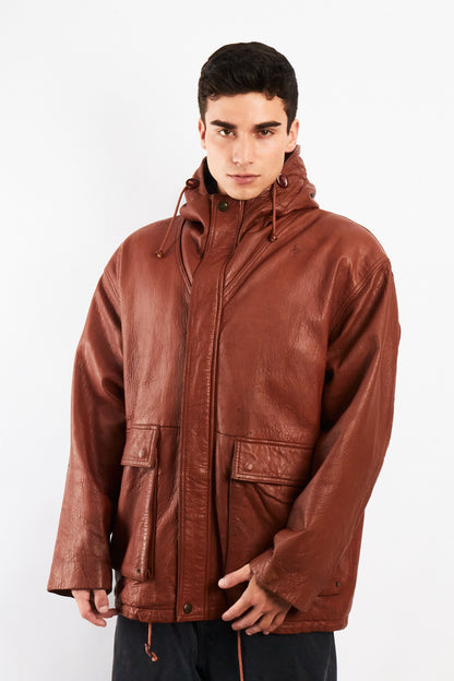 2000 Vintage Leather Caramel Hooded Coat (M/L)
