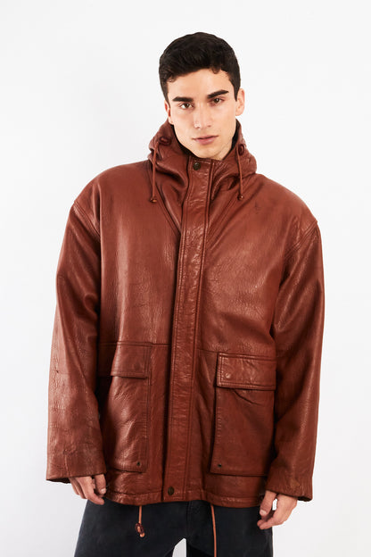 2000 Vintage Leather Caramel Hooded Coat (M/L)