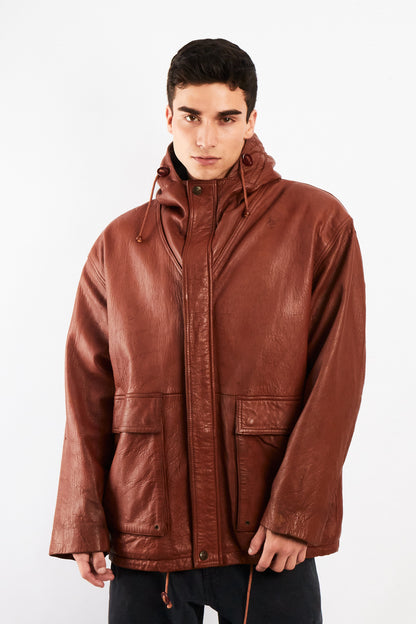 2000 Vintage Leather Caramel Hooded Coat (M/L)