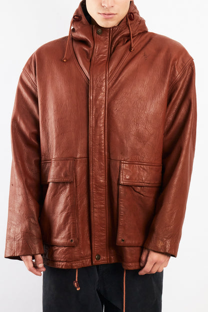 2000 Vintage Leather Caramel Hooded Coat (M/L)