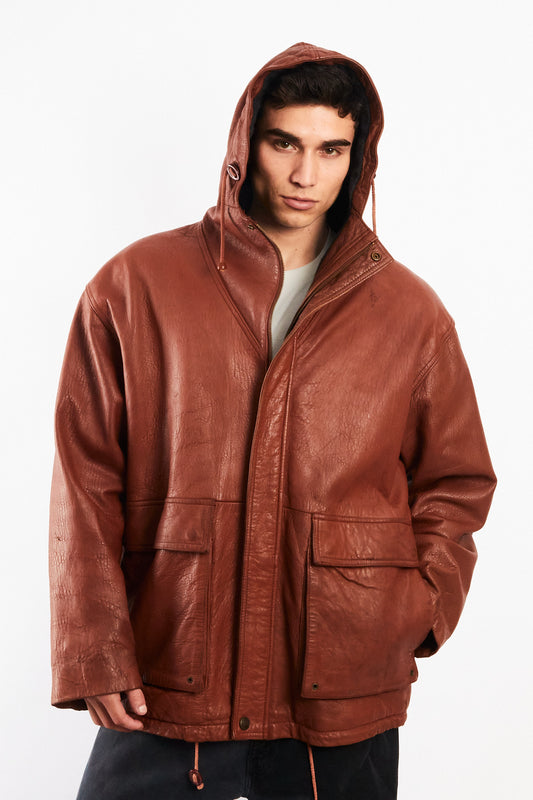 2000 Vintage Leather Caramel Hooded Coat (M/L)