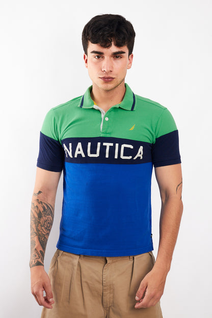 2000 Nautica Colorblock Big Logo Polo Shirt (S)
