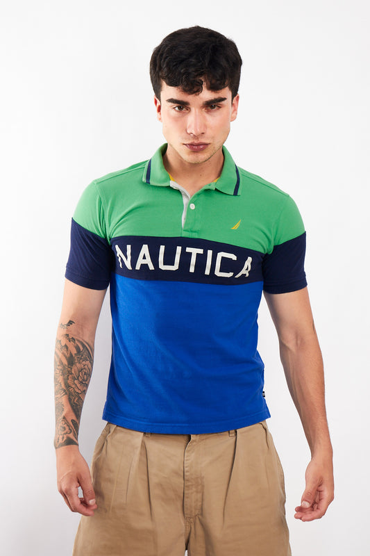 2000 Nautica Colorblock Big Logo Polo Shirt (S)