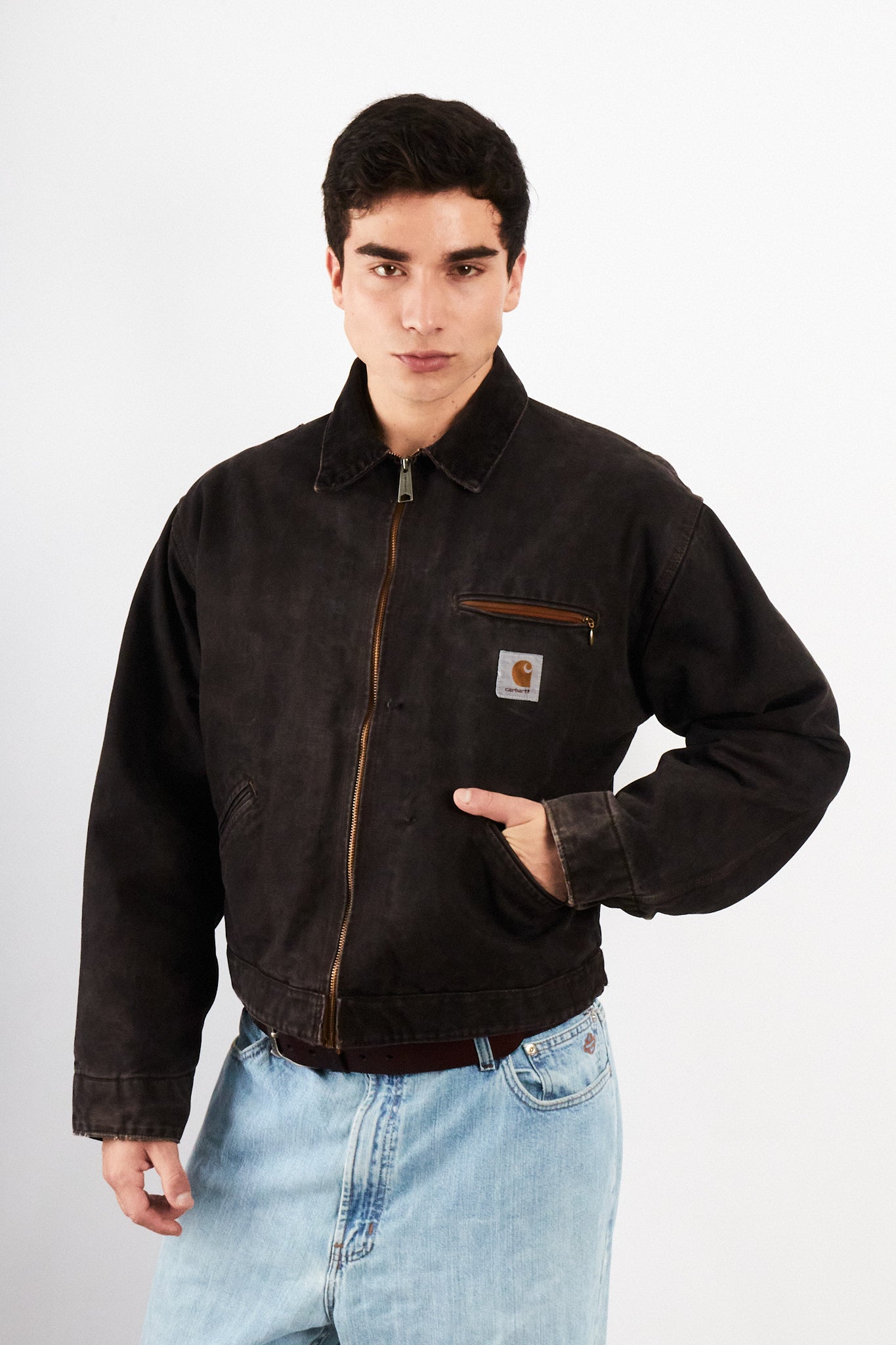 2000 Vintage Carhartt Washed Black Boxy Detroit Jacket (M)