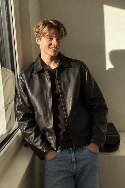 2000 Vintage Leather Black Harrington Jacket (M)