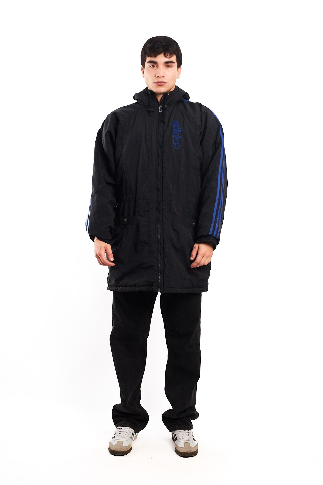 1990 Vintage Adidas Three Stripes Hooded Long Jacket (M/L)