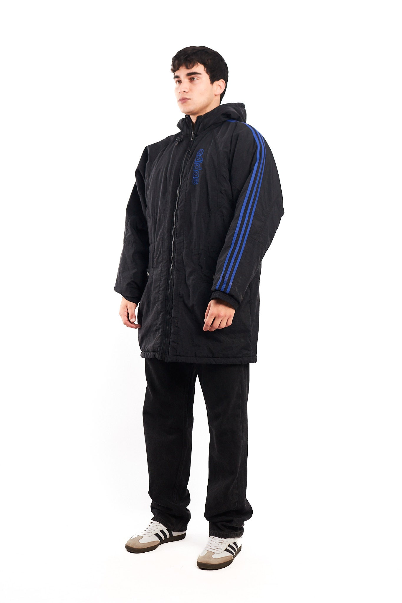 1990 Vintage Adidas Three Stripes Hooded Long Jacket (M/L)
