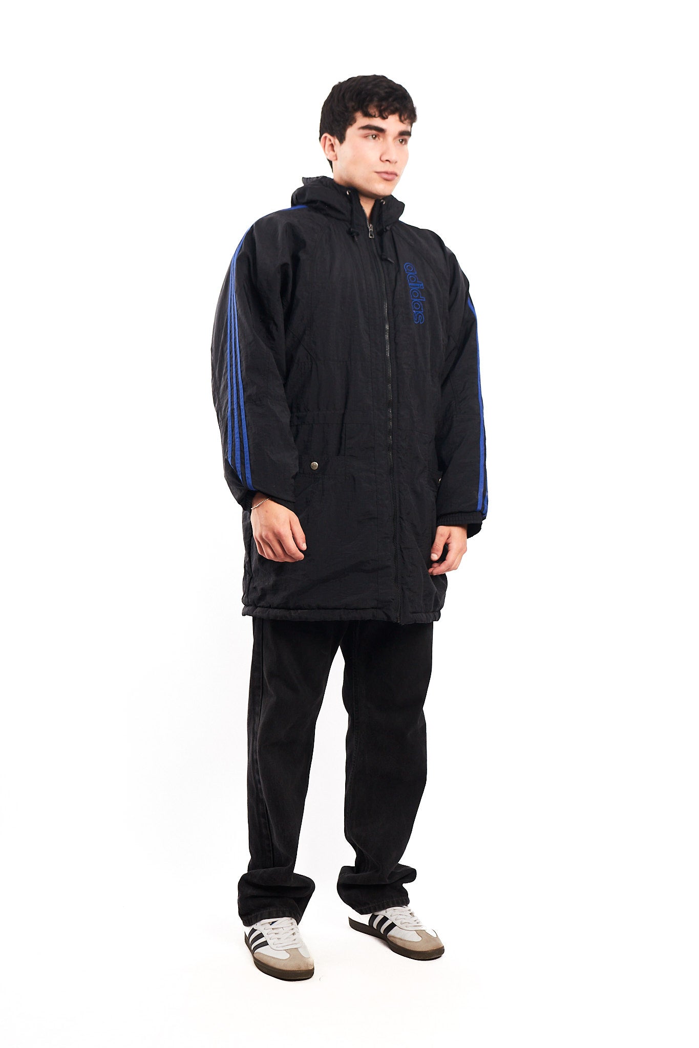 1990 Vintage Adidas Three Stripes Hooded Long Jacket (M/L)