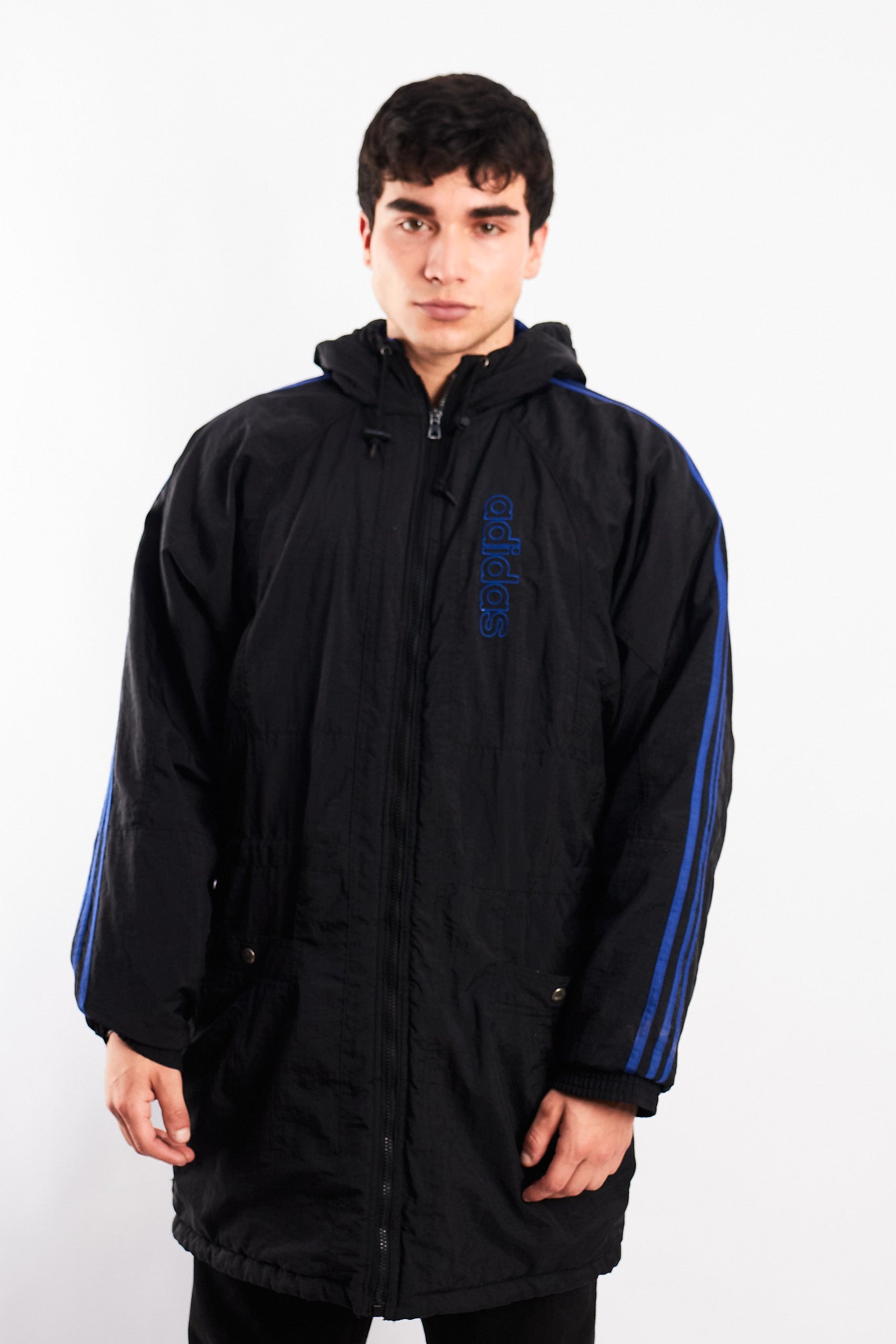 1990 Vintage Adidas Three Stripes Hooded Long Jacket (M/L)