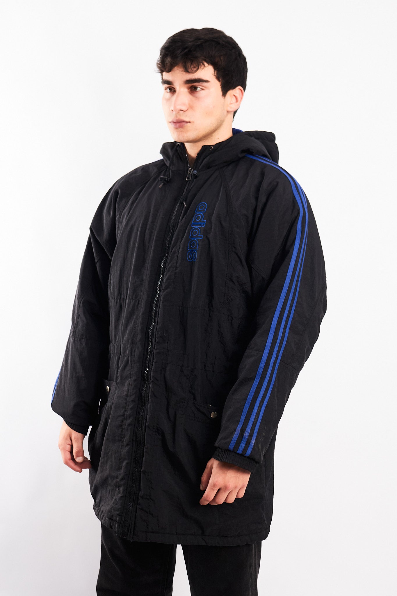 1990 Vintage Adidas Three Stripes Hooded Long Jacket (M/L)