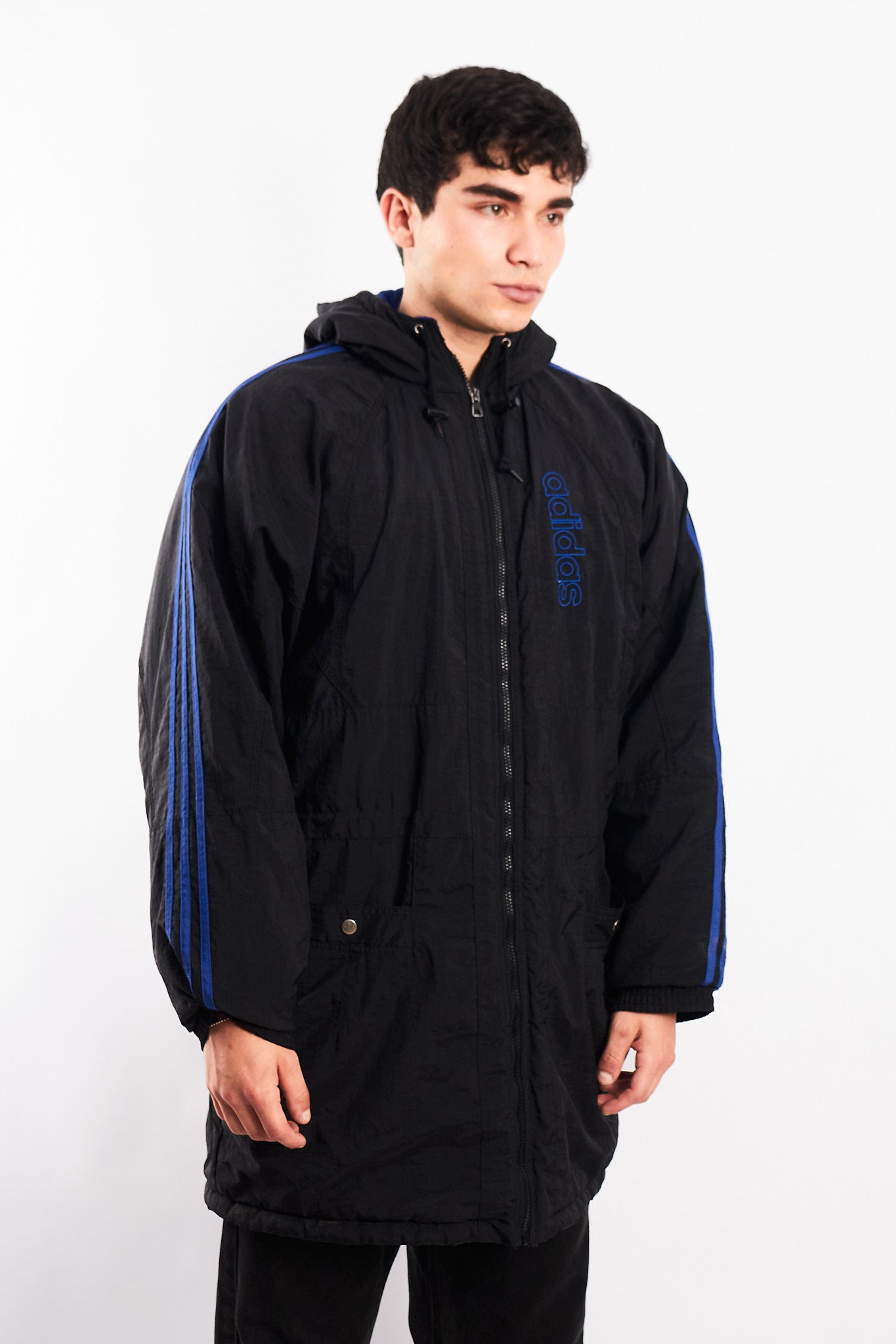 1990 Vintage Adidas Three Stripes Hooded Long Jacket (M/L)