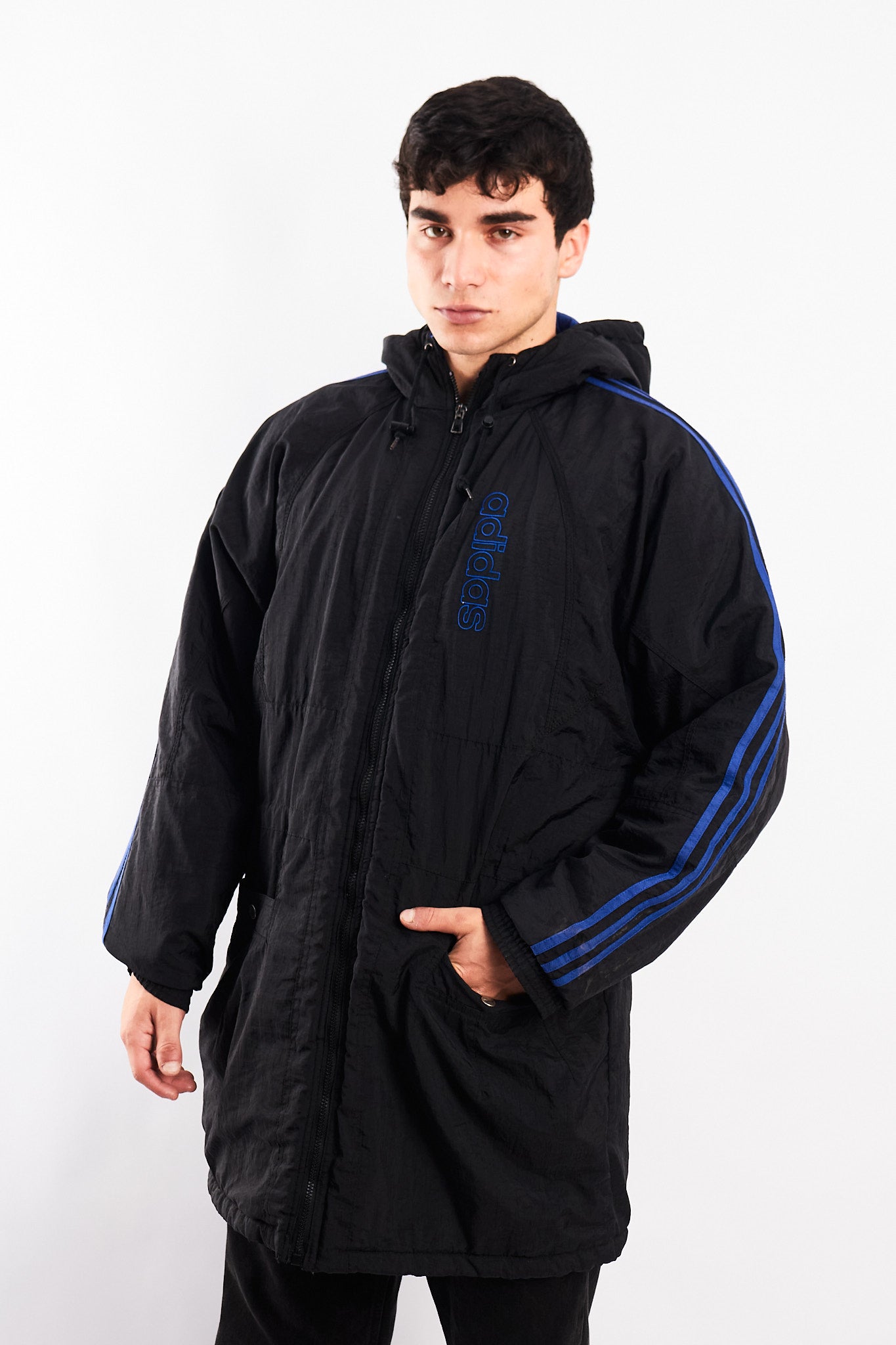1990 Vintage Adidas Three Stripes Hooded Long Jacket (M/L)