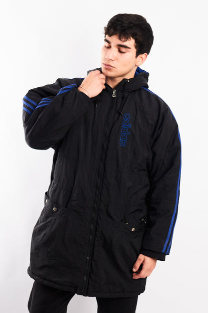 1990 Vintage Adidas Three Stripes Hooded Long Jacket (M/L)