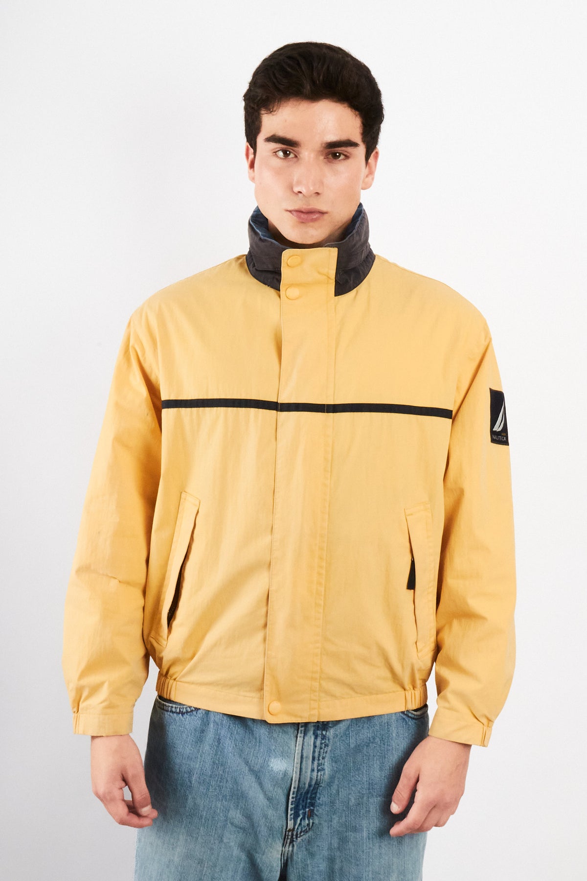 2000 Vintage Nautica NS-83 Light Yellow Striped Jacket (S/M)