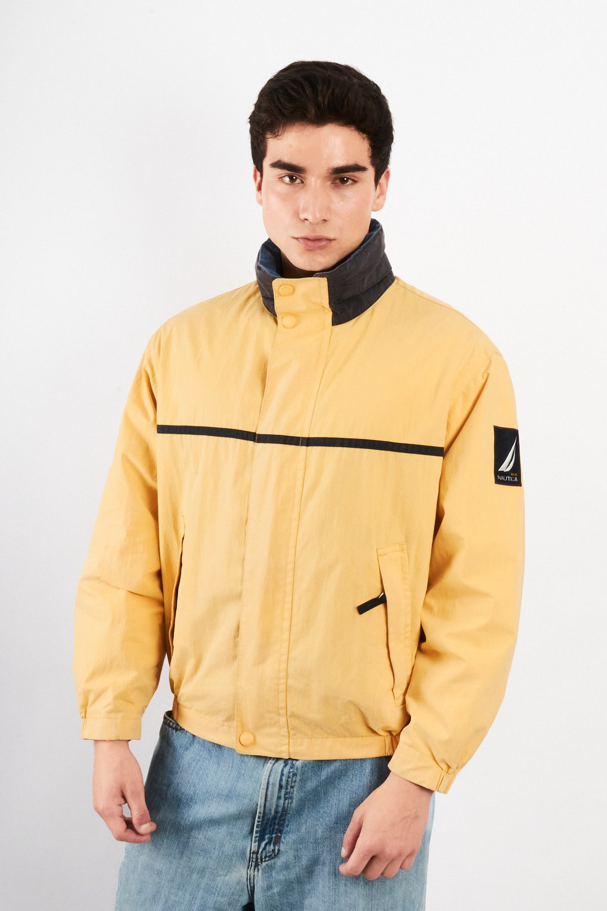 2000 Vintage Nautica NS-83 Light Yellow Striped Jacket (S/M)