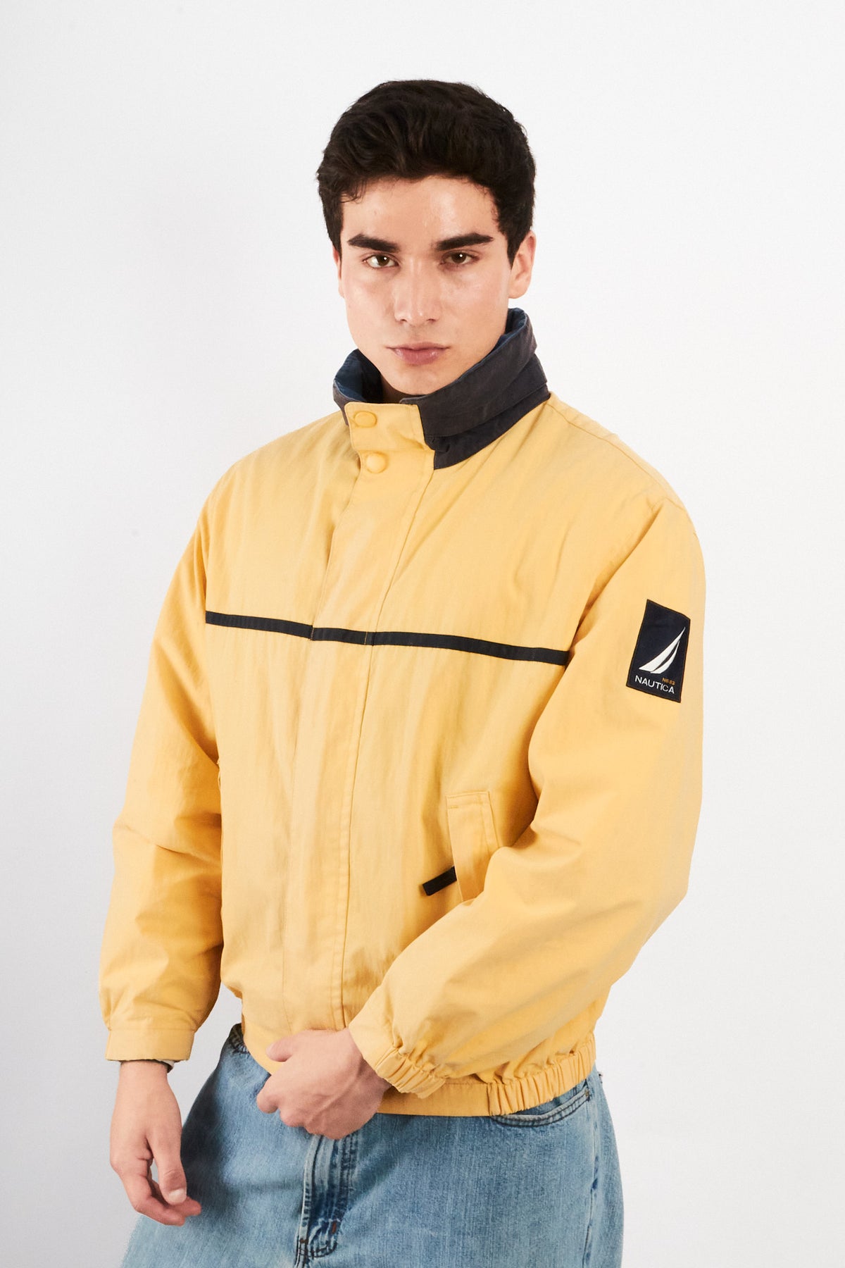 2000 Vintage Nautica NS-83 Light Yellow Striped Jacket (S/M)