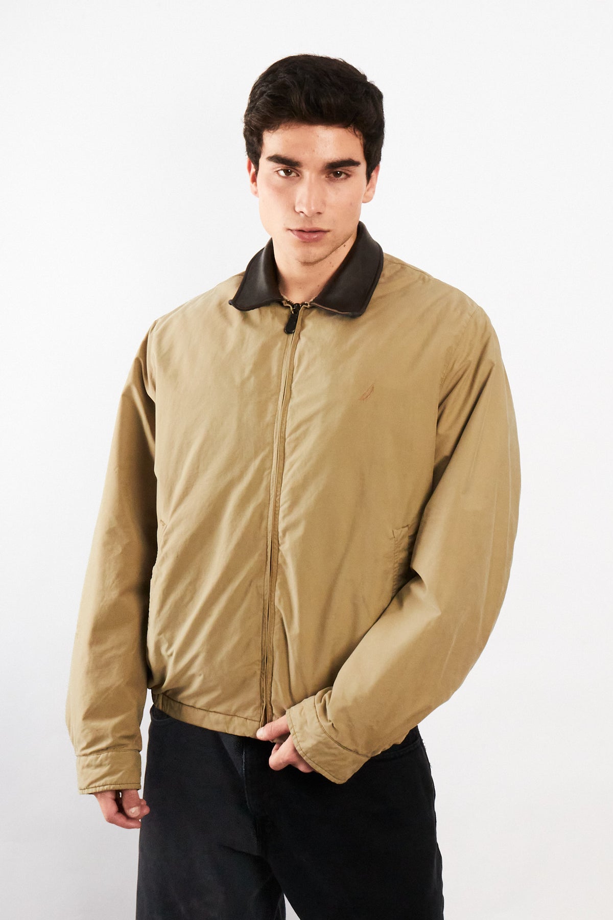 2000 Vintage Nautica Camel Leather Collar Harrington Jacket (M/L)