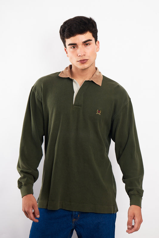 1990 Vintage Tommy Lion's Emblem Olive Green Rugby (L)
