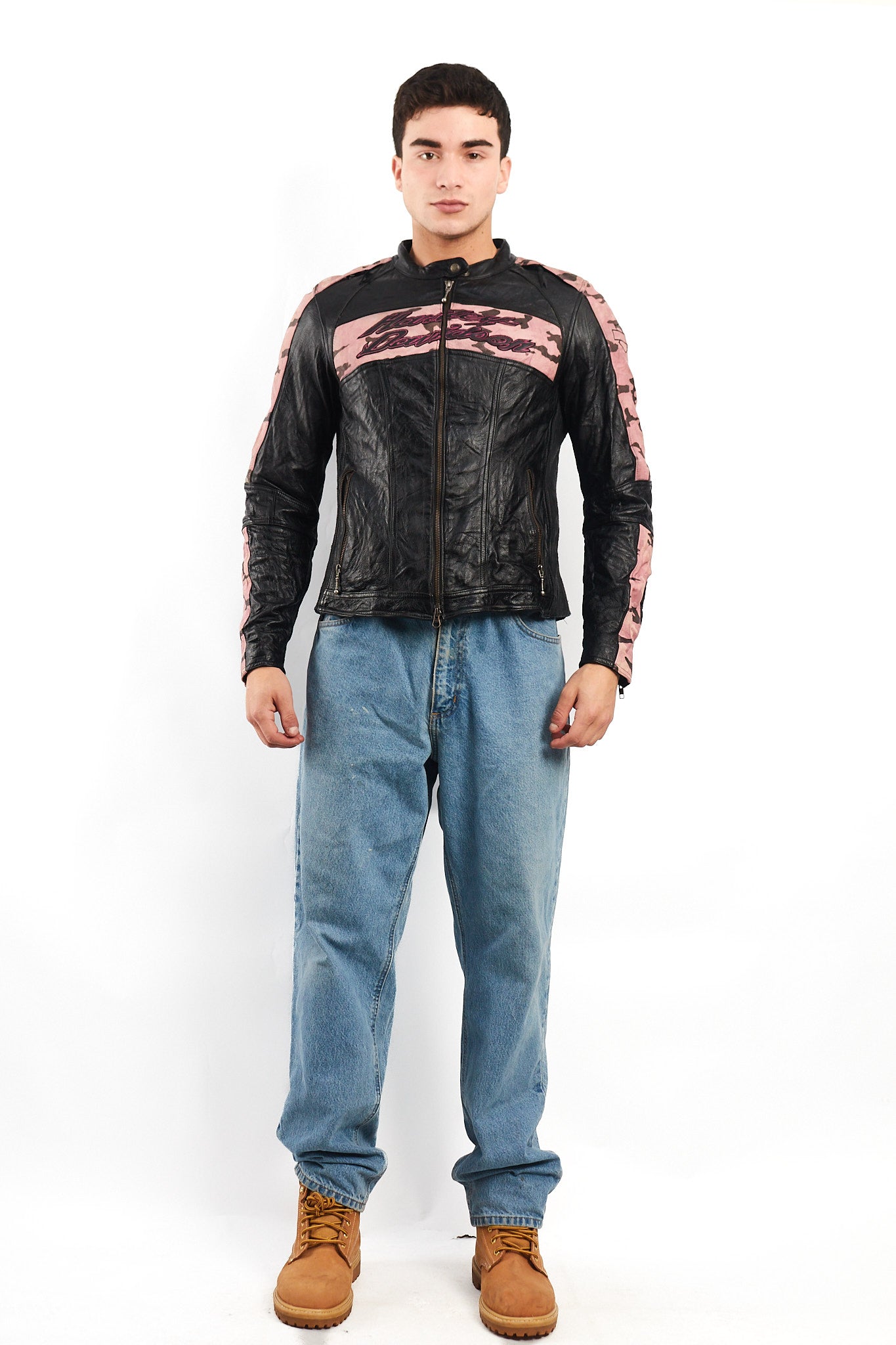 2000 Vintage Harley Davidson Camo Leather Moto Jacket (S/M)