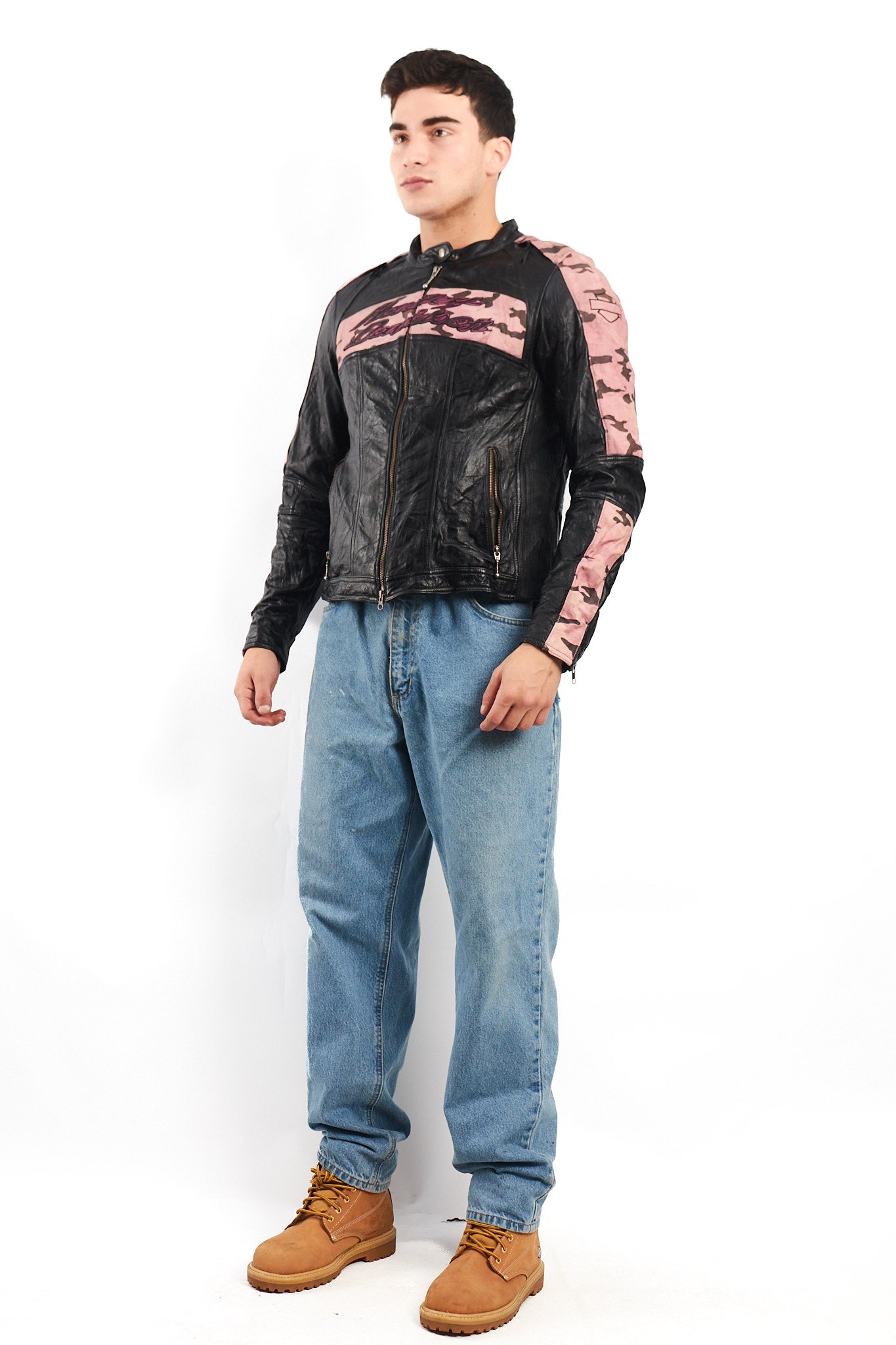 2000 Vintage Harley Davidson Camo Leather Moto Jacket (S/M)