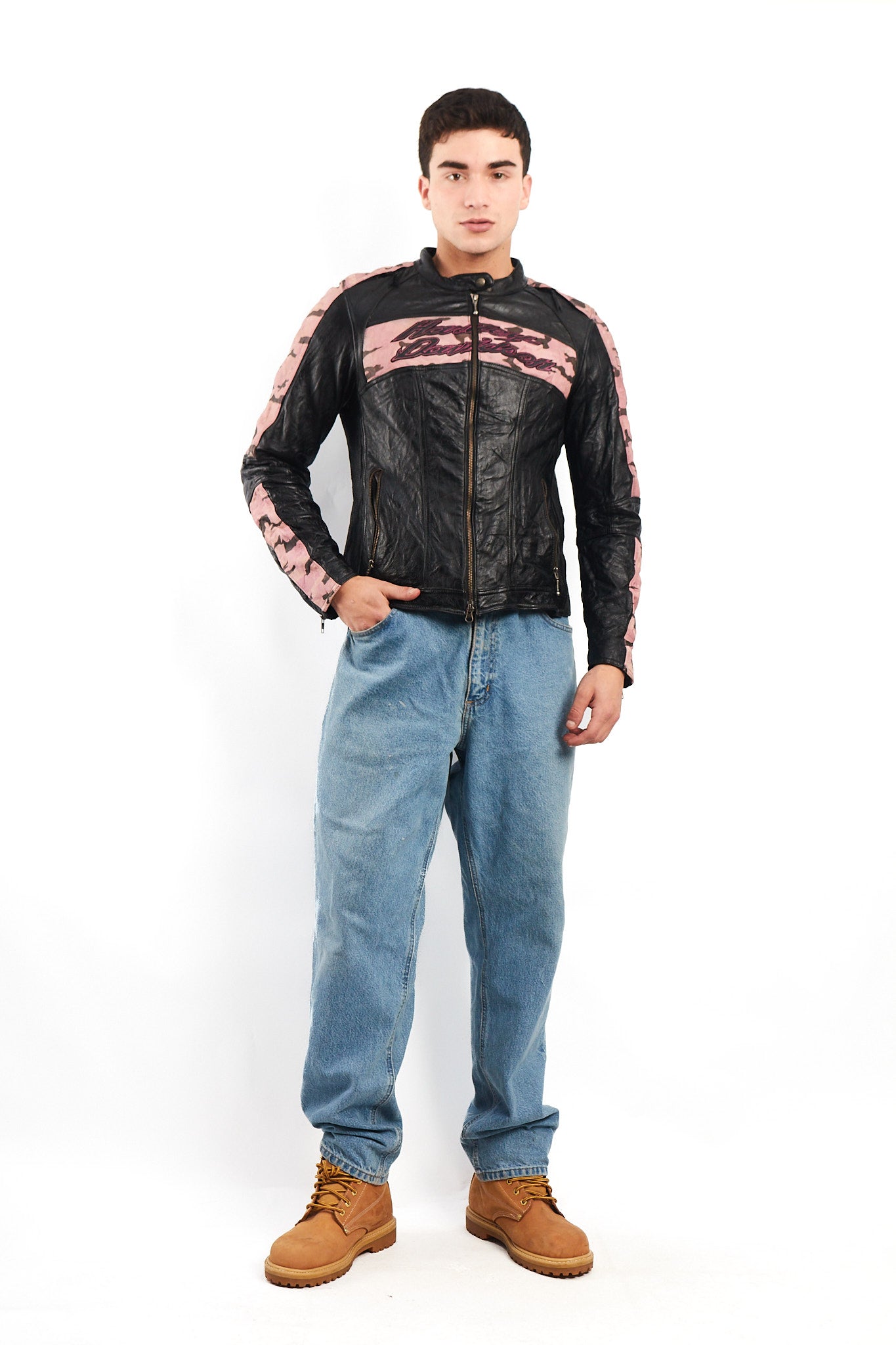 2000 Vintage Harley Davidson Camo Leather Moto Jacket (S/M)