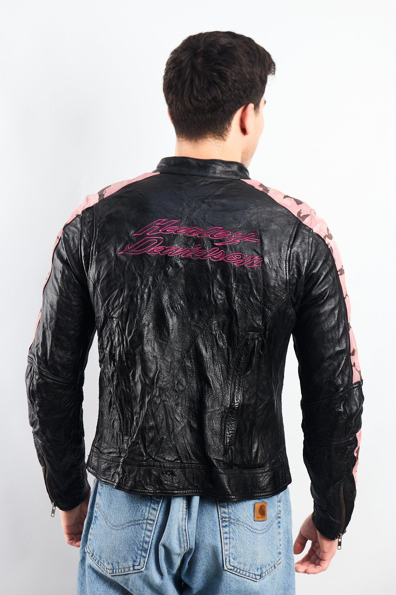 2000 Vintage Harley Davidson Camo Leather Moto Jacket (S/M)