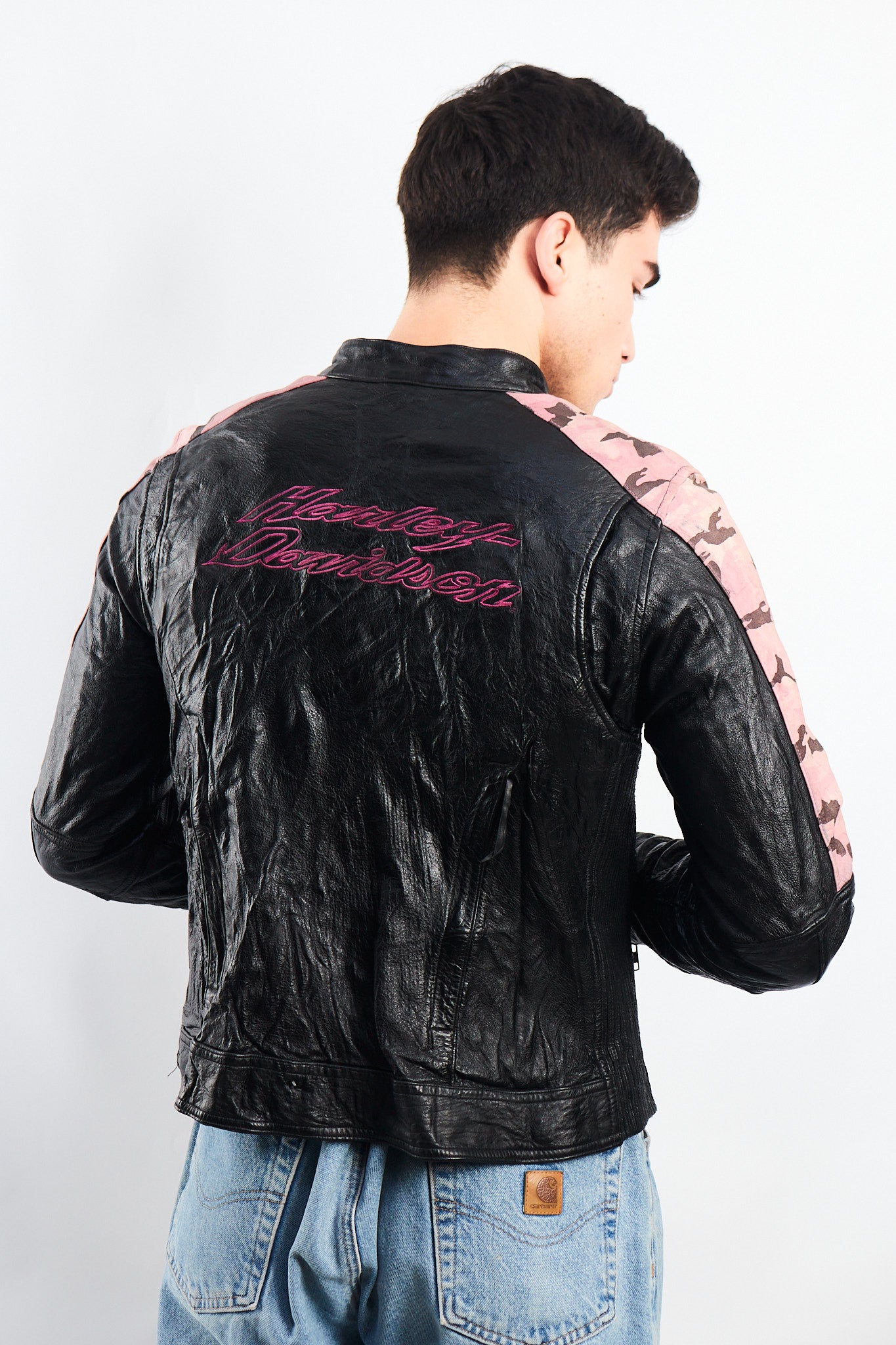 2000 Vintage Harley Davidson Camo Leather Moto Jacket (S/M)