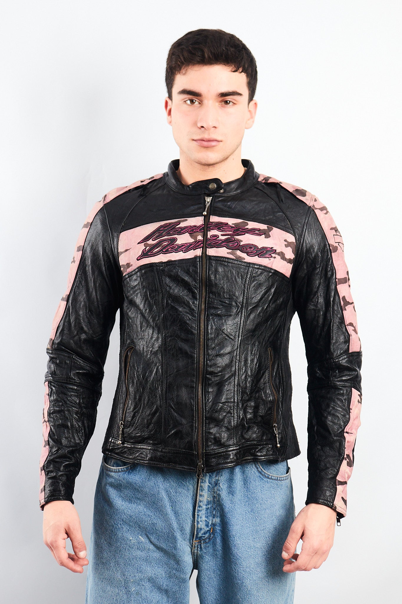 2000 Vintage Harley Davidson Camo Leather Moto Jacket (S/M)