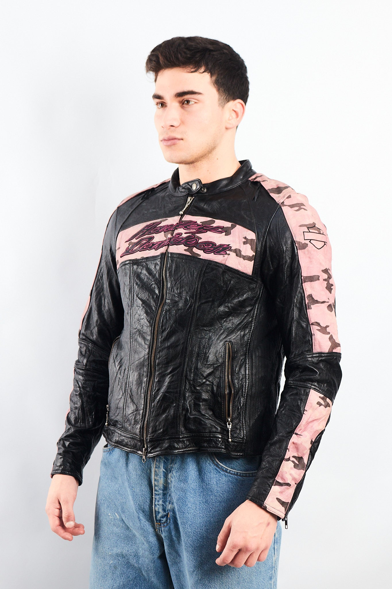 2000 Vintage Harley Davidson Camo Leather Moto Jacket (S/M)