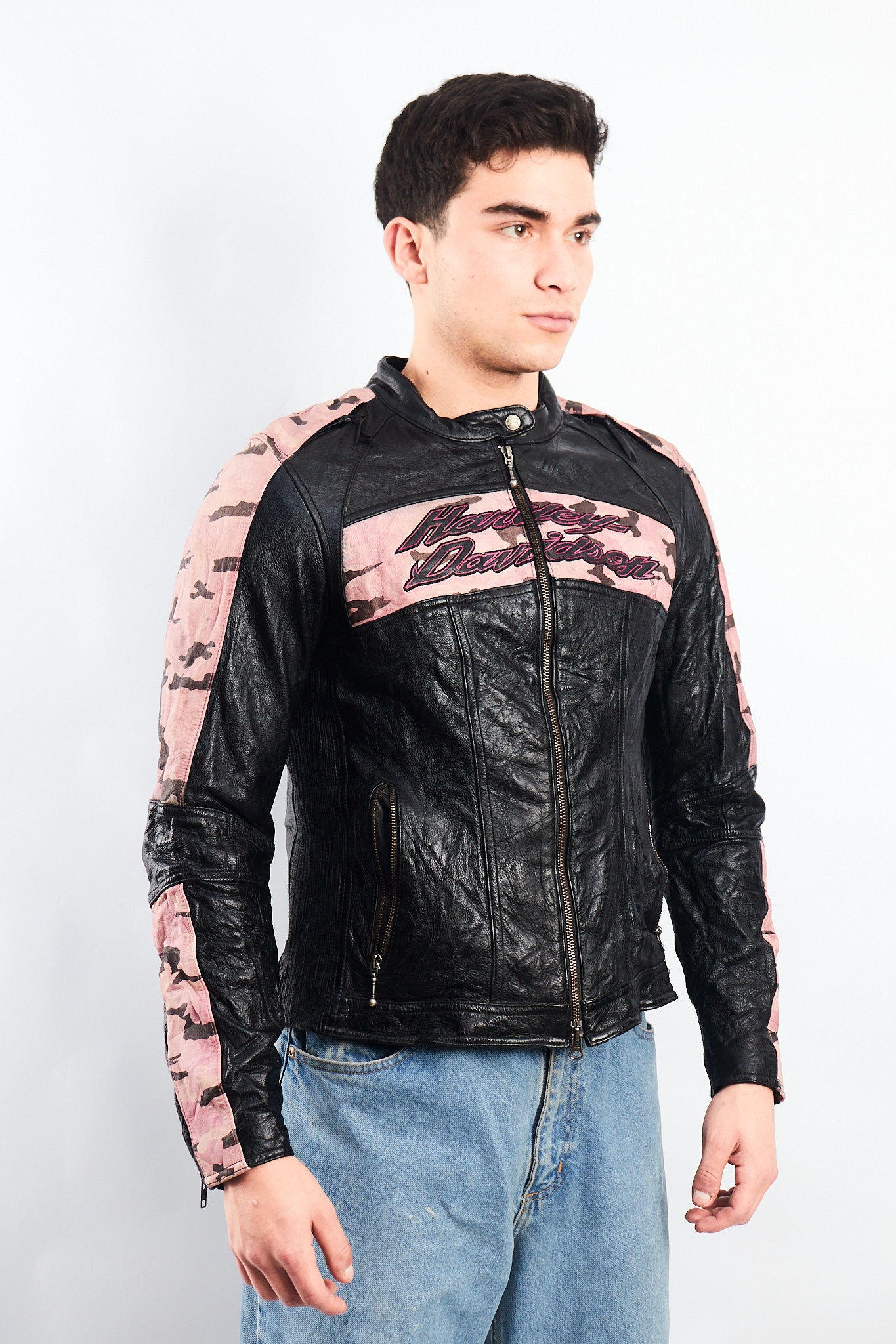 2000 Vintage Harley Davidson Camo Leather Moto Jacket (S/M)