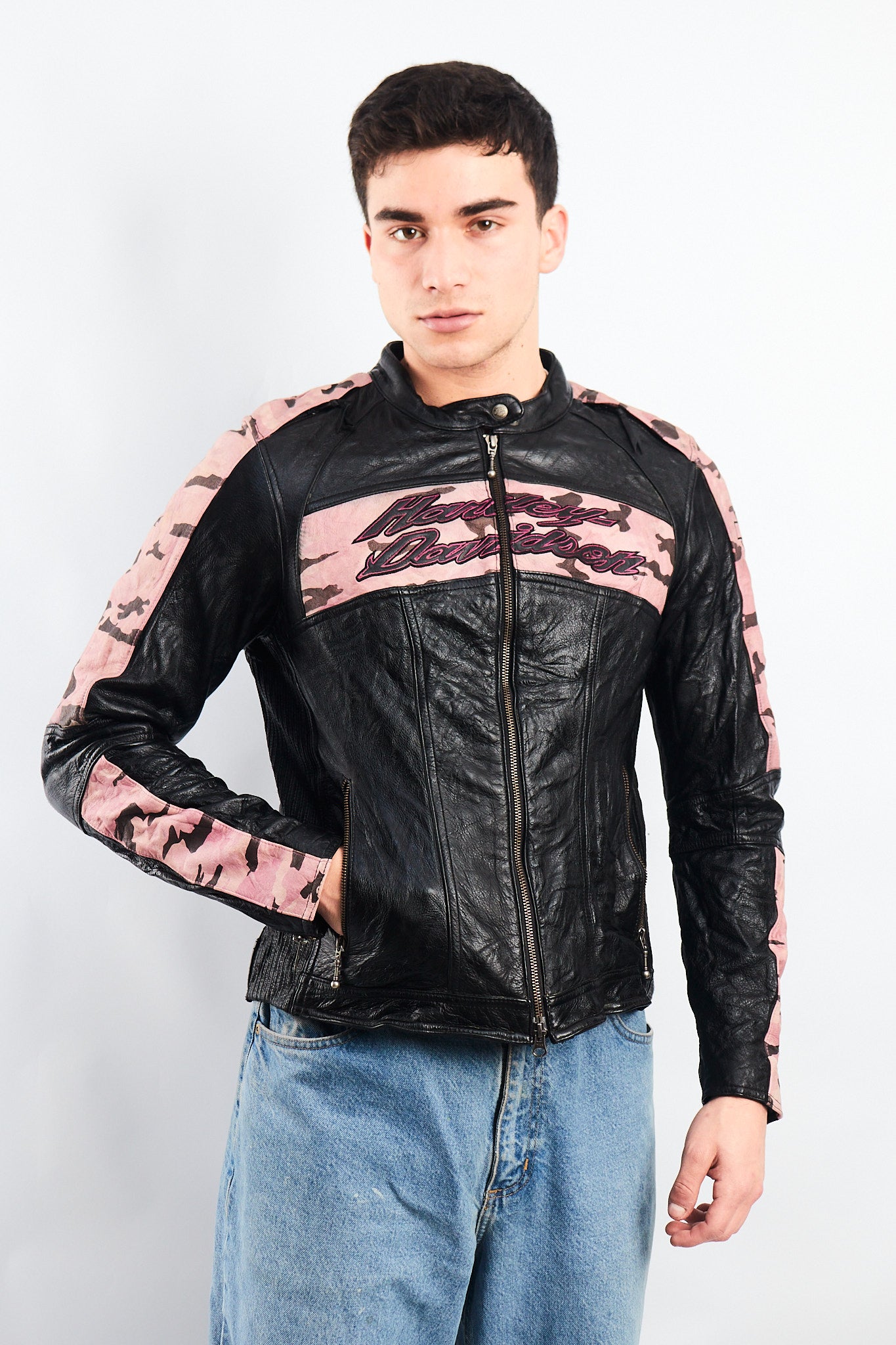 2000 Vintage Harley Davidson Camo Leather Moto Jacket (S/M)