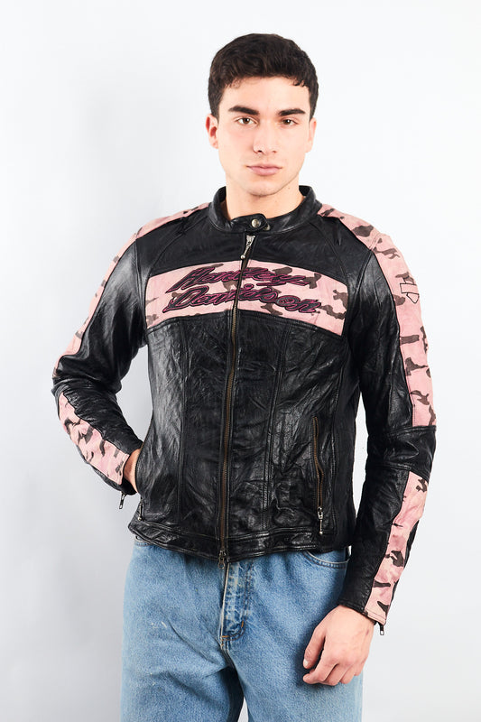 2000 Vintage Harley Davidson Camo Leather Moto Jacket (S/M)