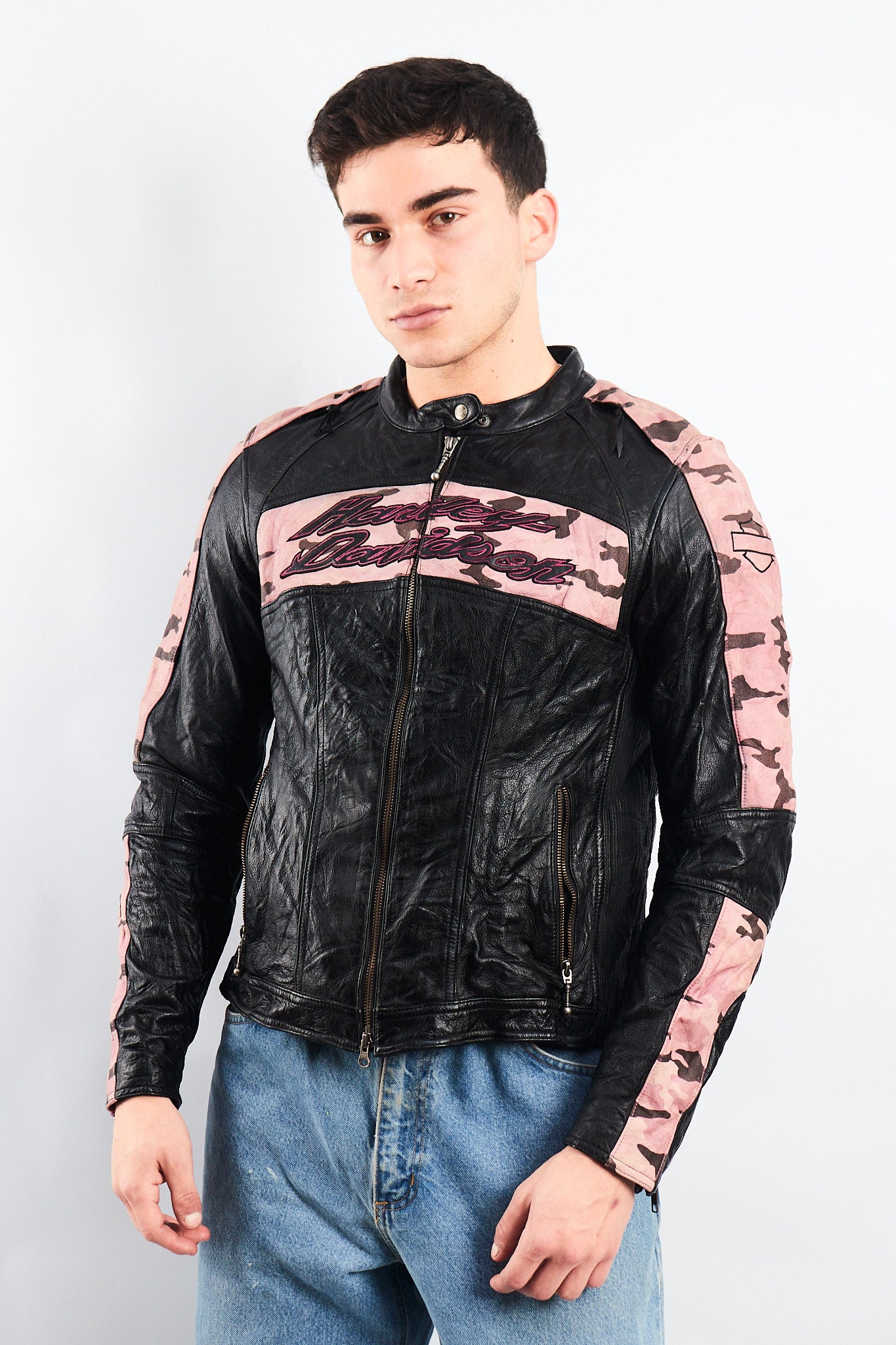 2000 Vintage Harley Davidson Camo Leather Moto Jacket (S/M)