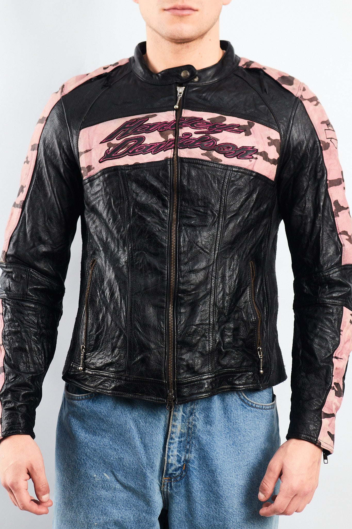 2000 Vintage Harley Davidson Camo Leather Moto Jacket (S/M)