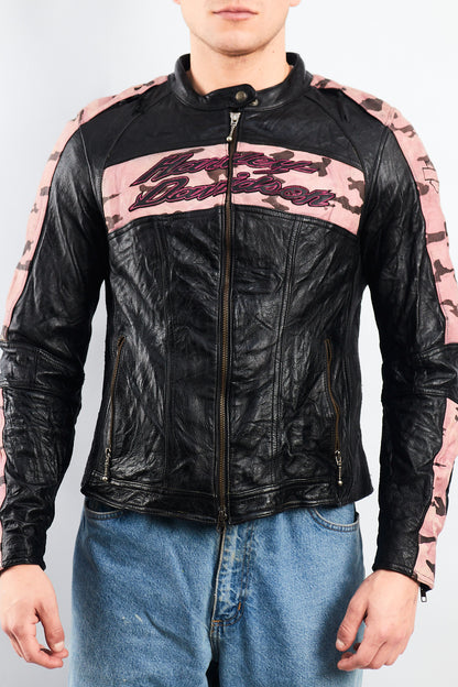 2000 Vintage Harley Davidson Camo Leather Moto Jacket (S/M)
