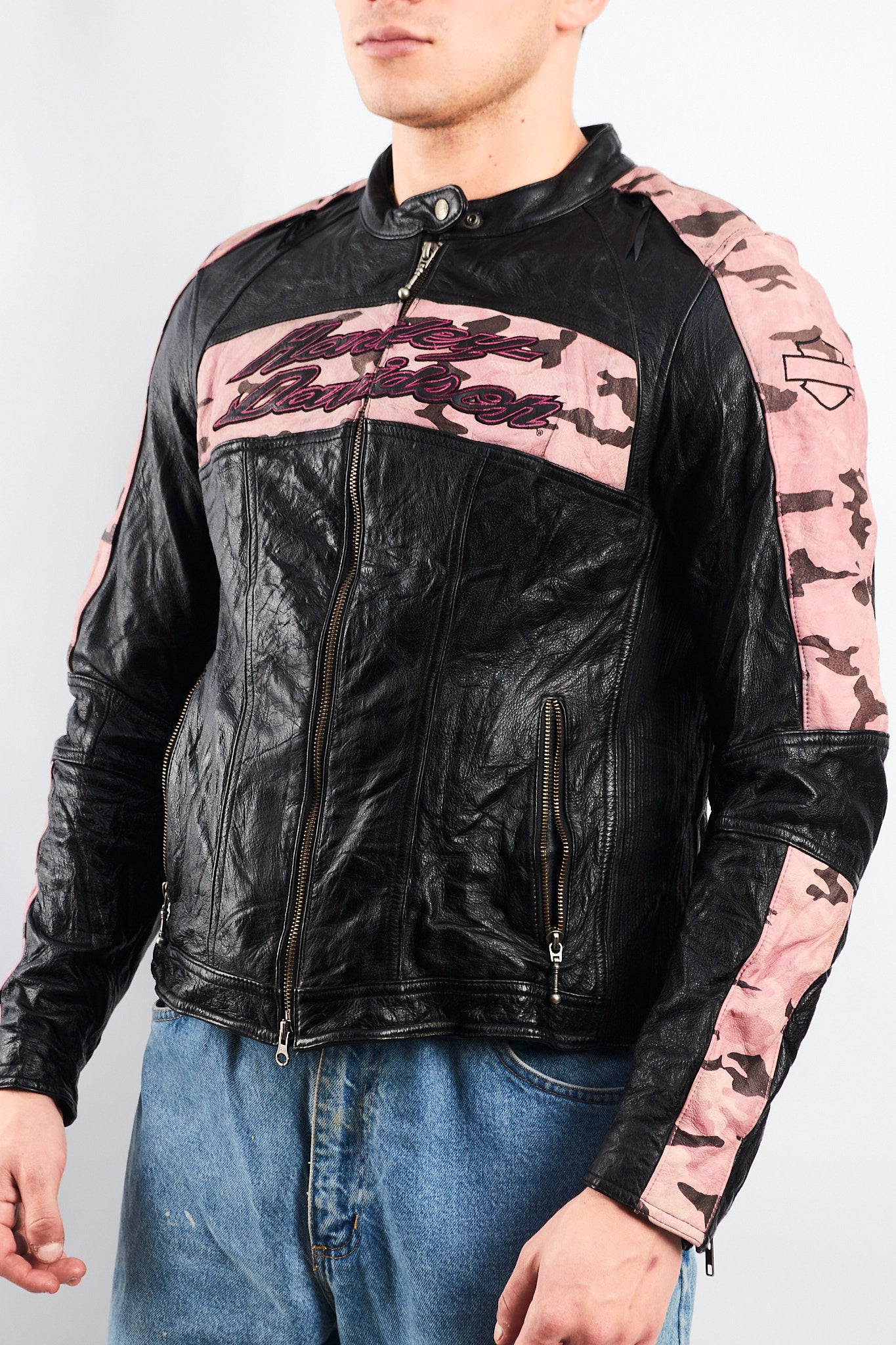 2000 Vintage Harley Davidson Camo Leather Moto Jacket (S/M)