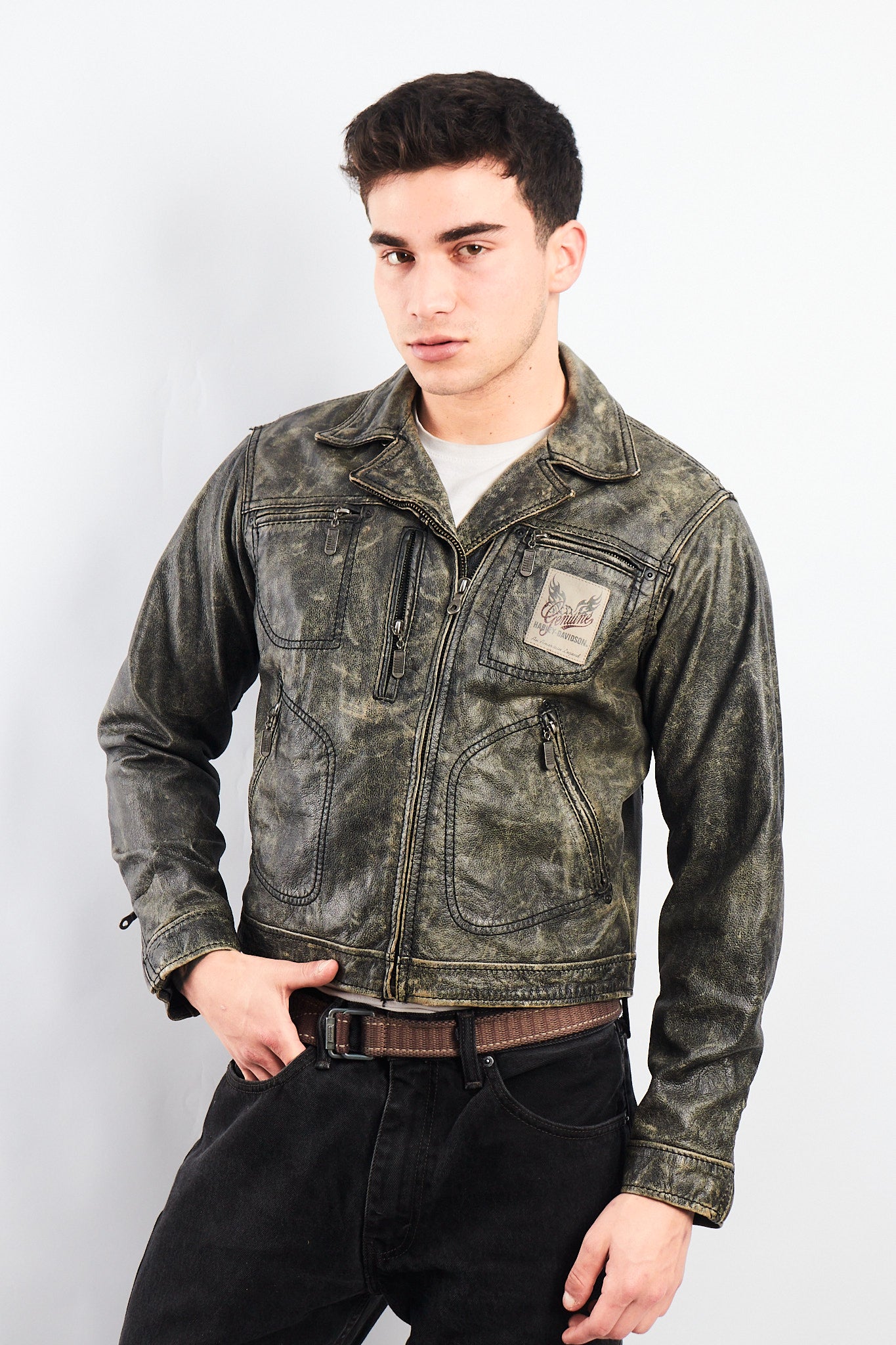 1990 Vintage Harley Davidson Distressed Leather Biker Jacket (S/M)