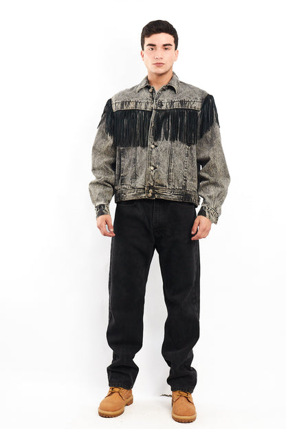 1980 Vintage Harley Davidson Acid Wash Fringe Denim Jacket (M/L)
