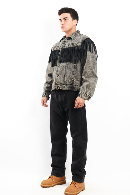 1980 Vintage Harley Davidson Acid Wash Fringe Denim Jacket (M/L)