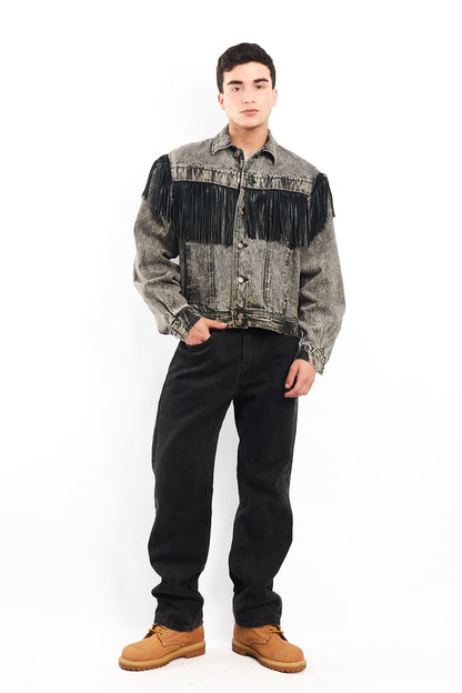 1980 Vintage Harley Davidson Acid Wash Fringe Denim Jacket (M/L)