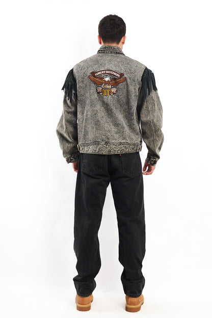 1980 Vintage Harley Davidson Acid Wash Fringe Denim Jacket (M/L)