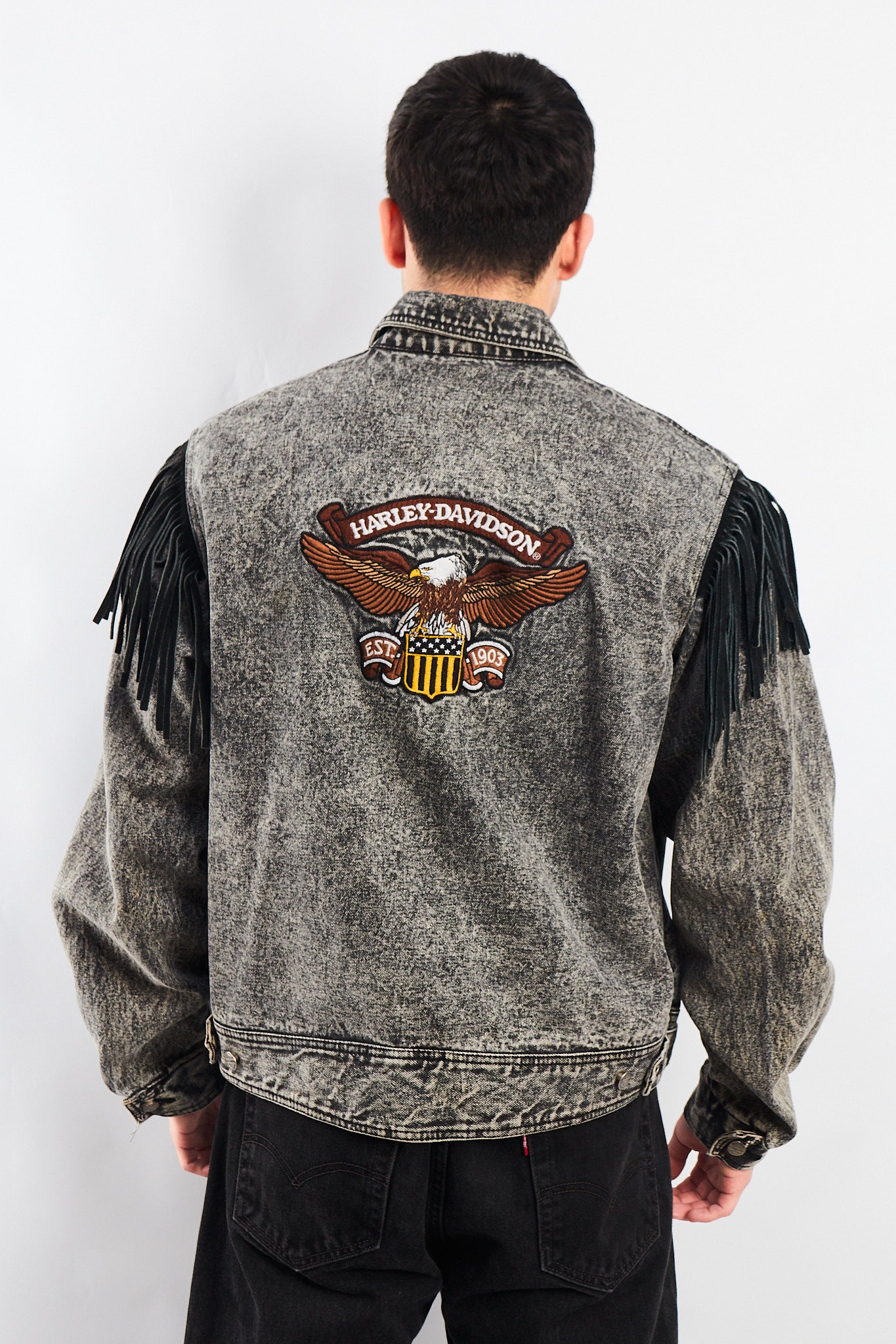 1980 Vintage Harley Davidson Acid Wash Fringe Denim Jacket (M/L)