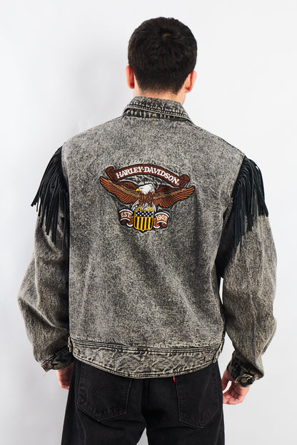 1980 Vintage Harley Davidson Acid Wash Fringe Denim Jacket (M/L)