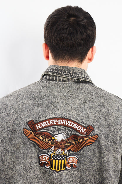 1980 Vintage Harley Davidson Acid Wash Fringe Denim Jacket (M/L)