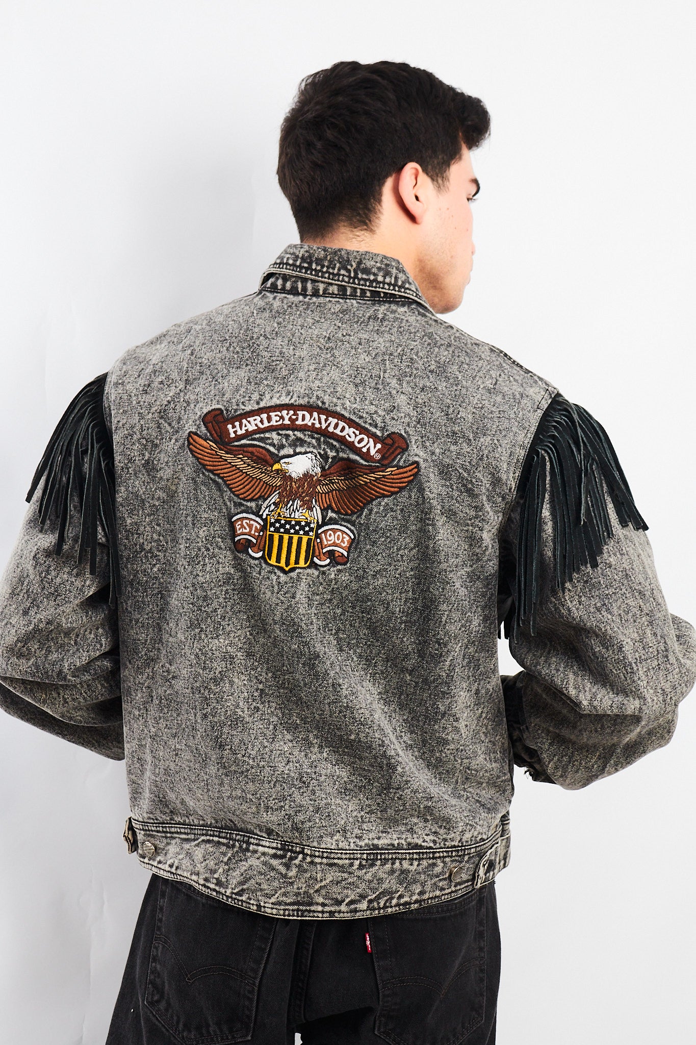1980 Vintage Harley Davidson Acid Wash Fringe Denim Jacket (M/L)
