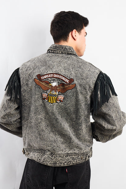 1980 Vintage Harley Davidson Acid Wash Fringe Denim Jacket (M/L)
