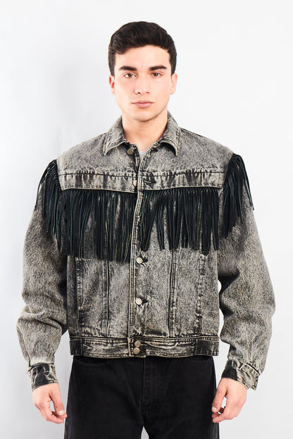1980 Vintage Harley Davidson Acid Wash Fringe Denim Jacket (M/L)